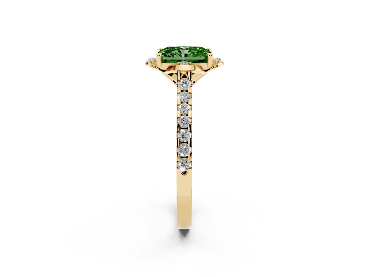 Fancy Green Radiant Cut Diamond Ring with Pavé Band and Floral Prong Setting Yellow gold