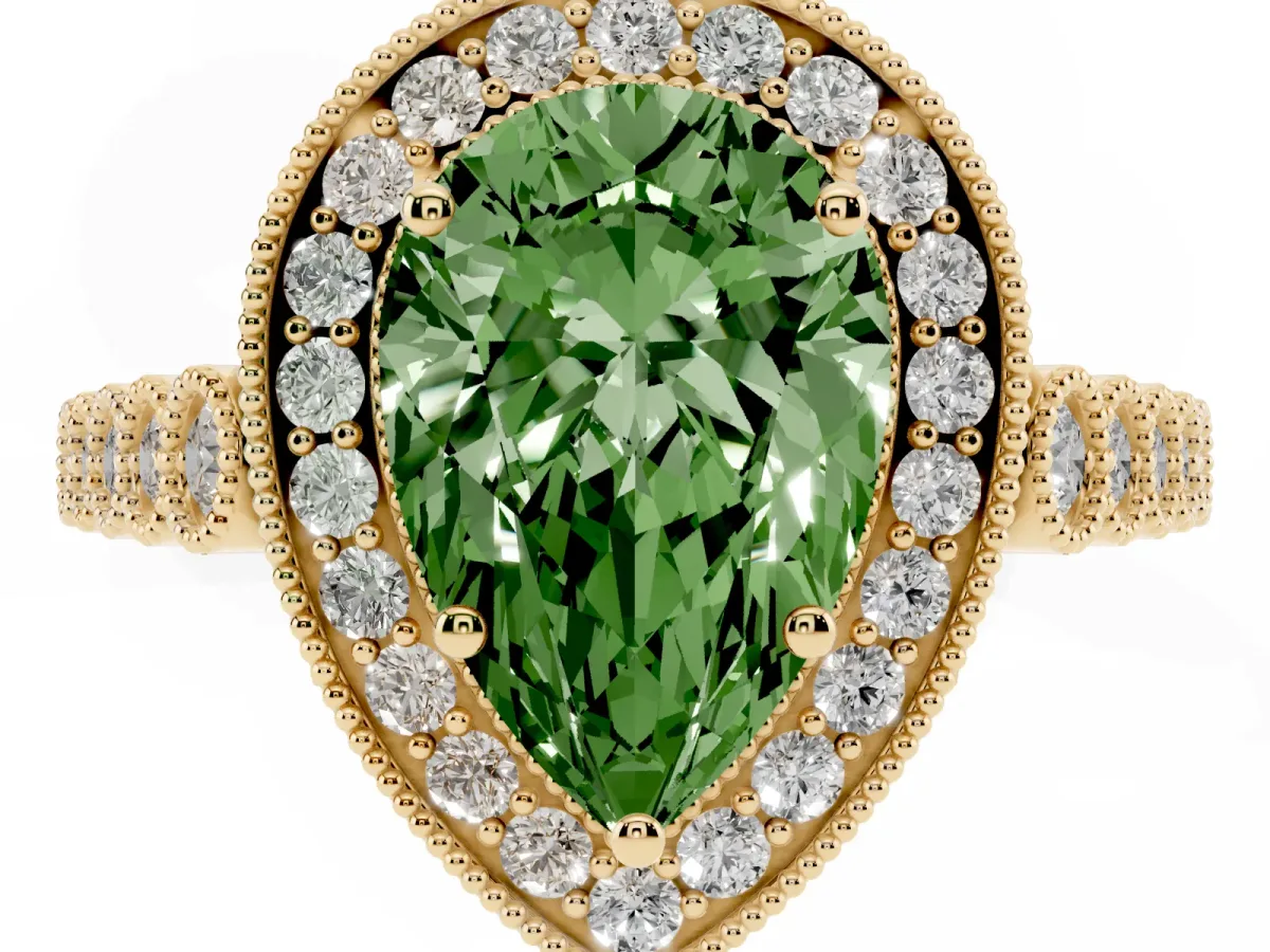 Fancy Green Pear Cut Halo Milgrain Solitaire with Bezel Set Side Stones and Pave Band Yellow gold
