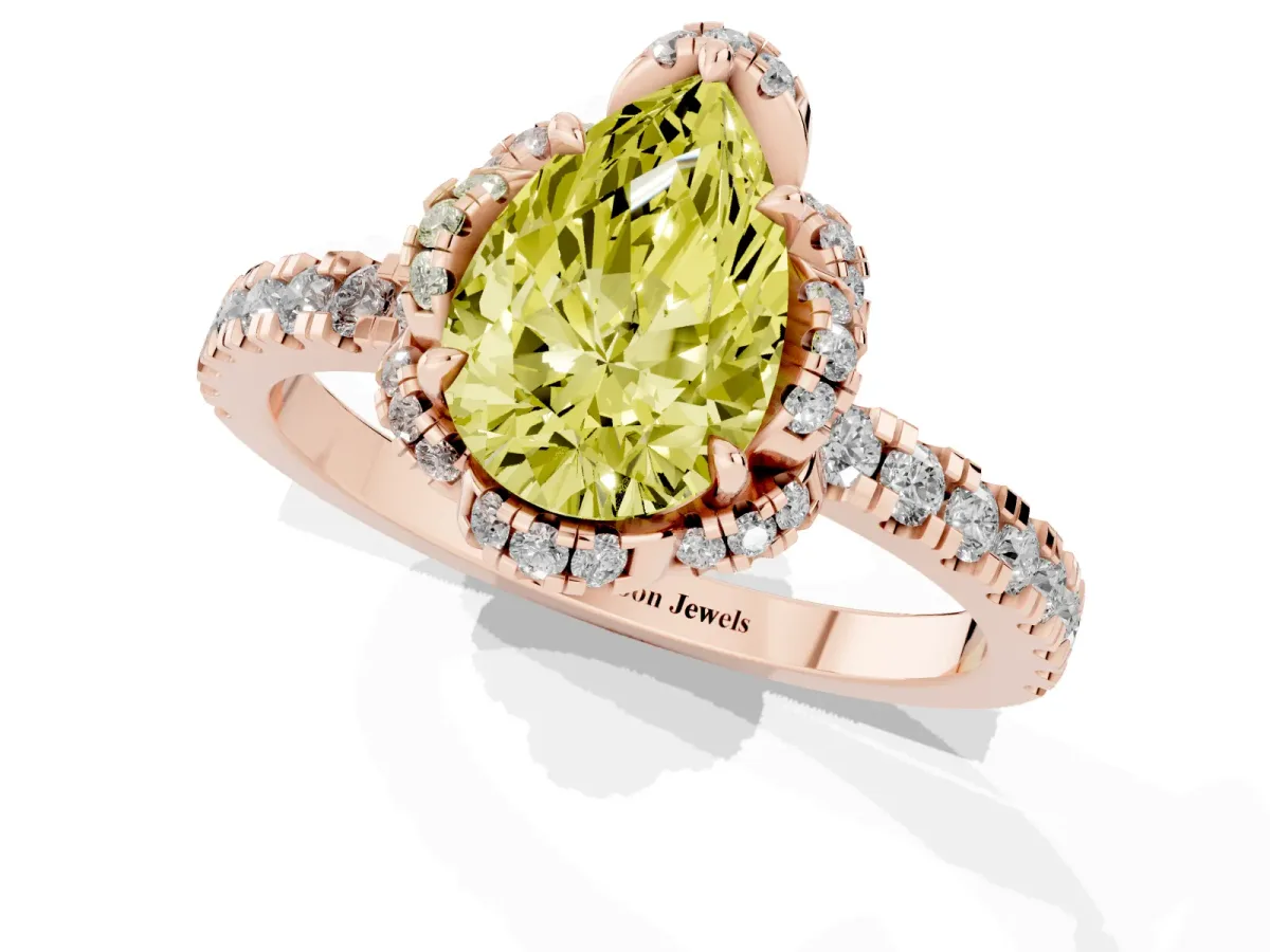Fancy Yellow Pear Cut Halo Diamond Pave Band Ring with Four-Prong Setting Rose gold