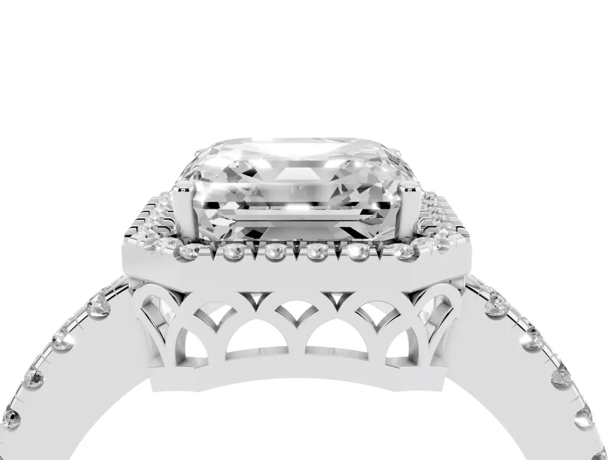 Asscher Cut Halo Diamond Engagement Ring with Pavé Band and Four-Prong Setting Silver