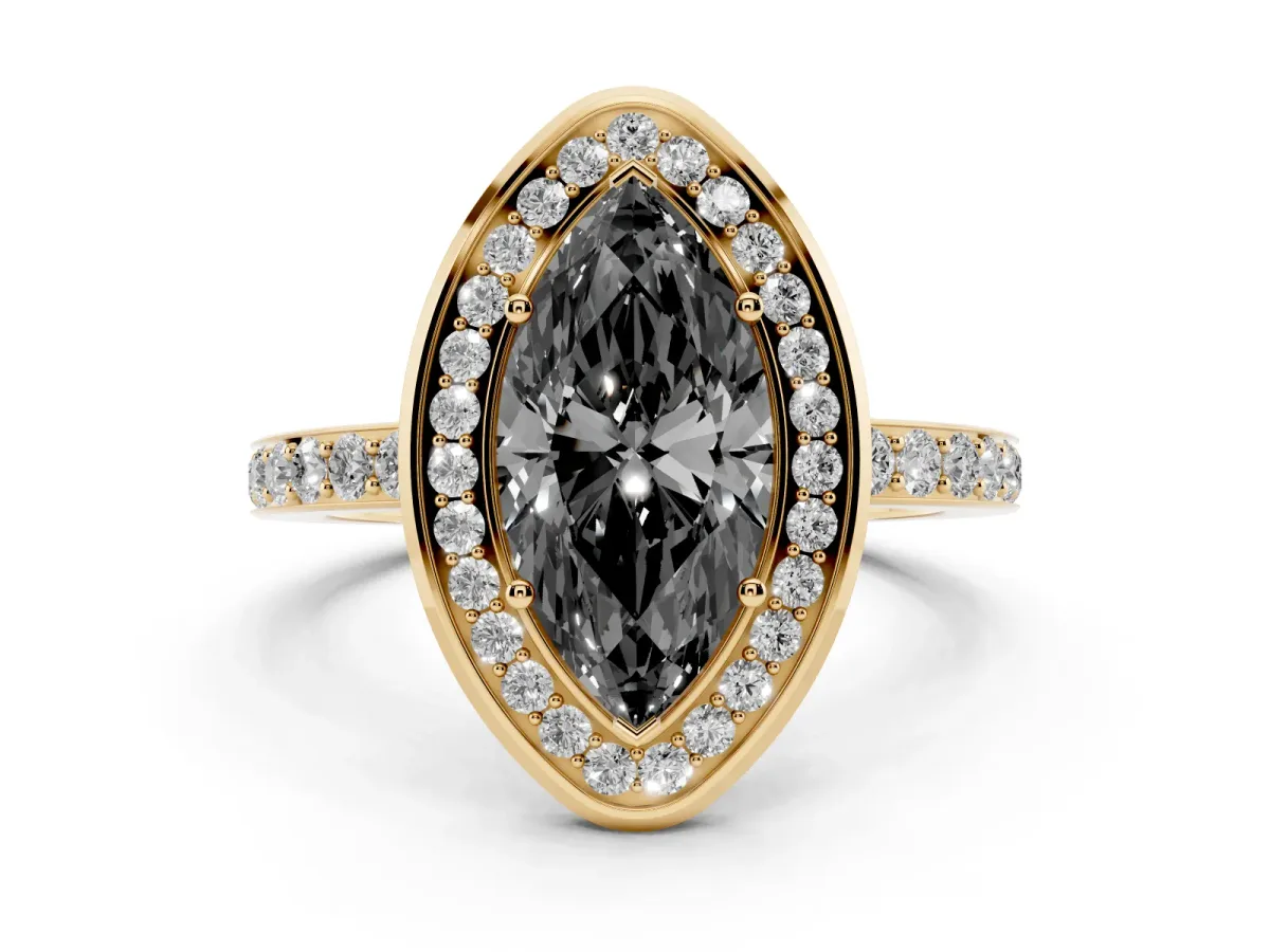 Fancy Black Marquise Cut Diamond Halo Ring with Bezel Frame and Pavé Band Yellow gold