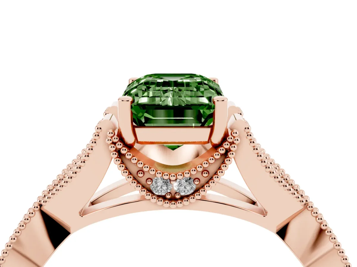 Fancy Green Emerald Cut Cut Diamond Twisted Band with Milgrain Pave Setting and Four-Prong Setting Rose gold