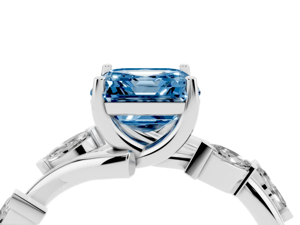 Fancy Blue Asscher Cut Solitaire Twisted Band Marquise Accent Prong Setting Ring Silver