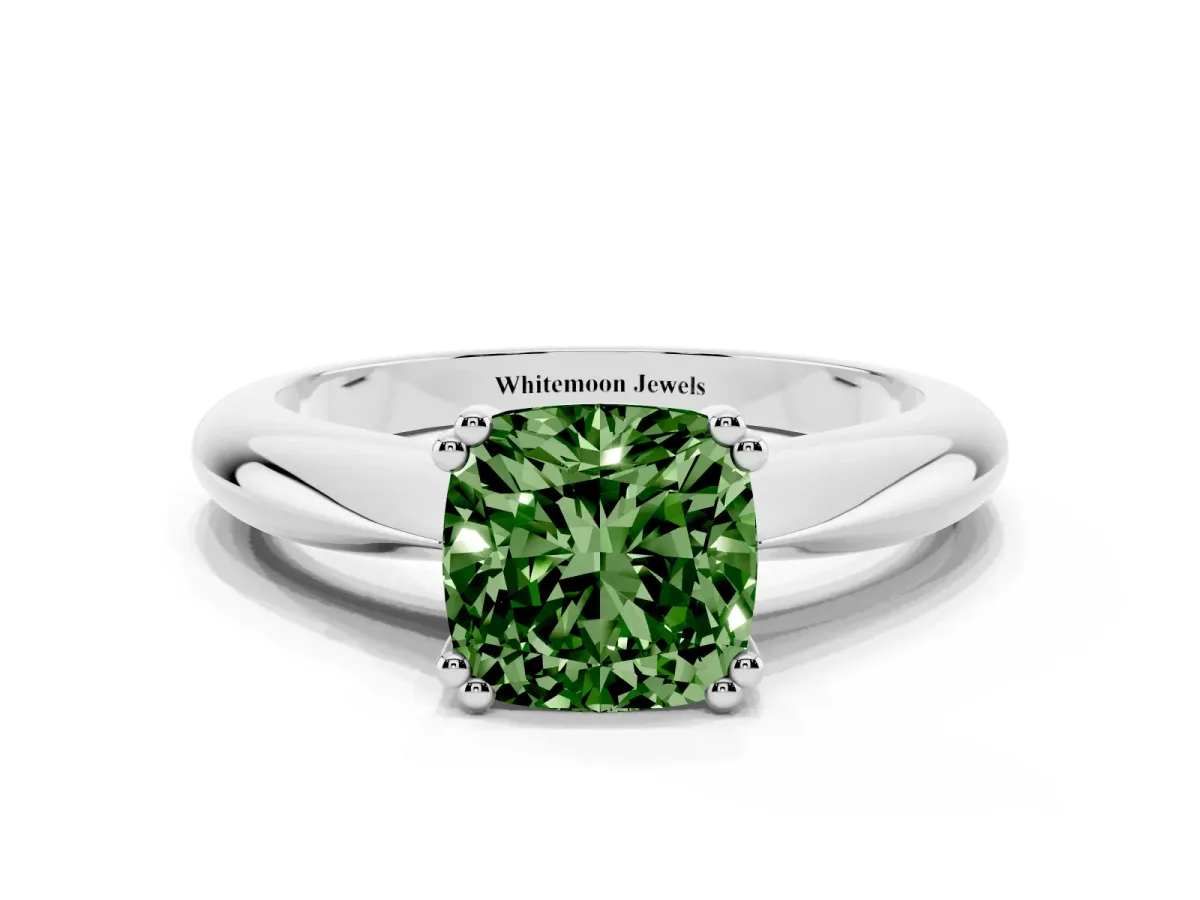 Fancy Green Cushion Cut Cut Solitaire Engagement Ring with Tapered Band and Four-Prong Setting Silver