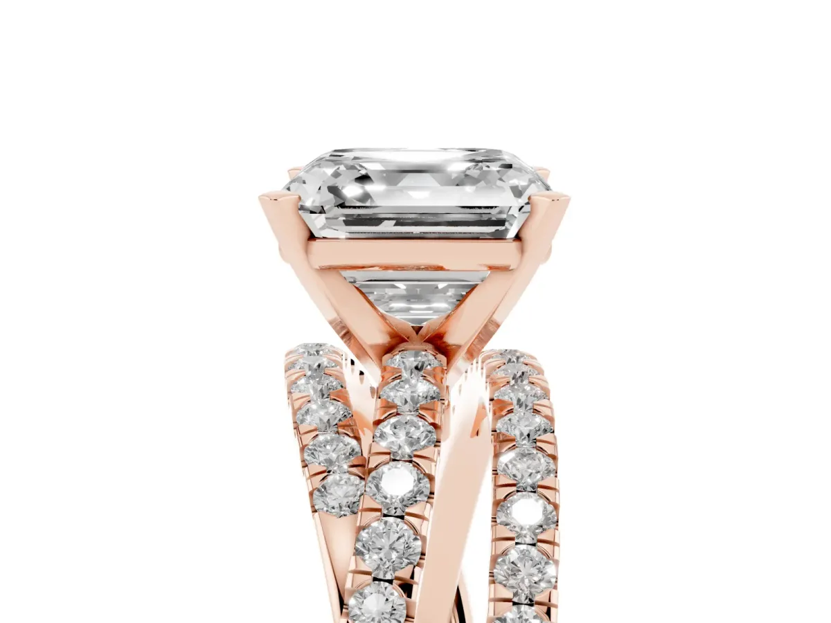 Asscher Cut Solitaire Twist Band with Pavé Setting and Four-Prong Setting Rose gold