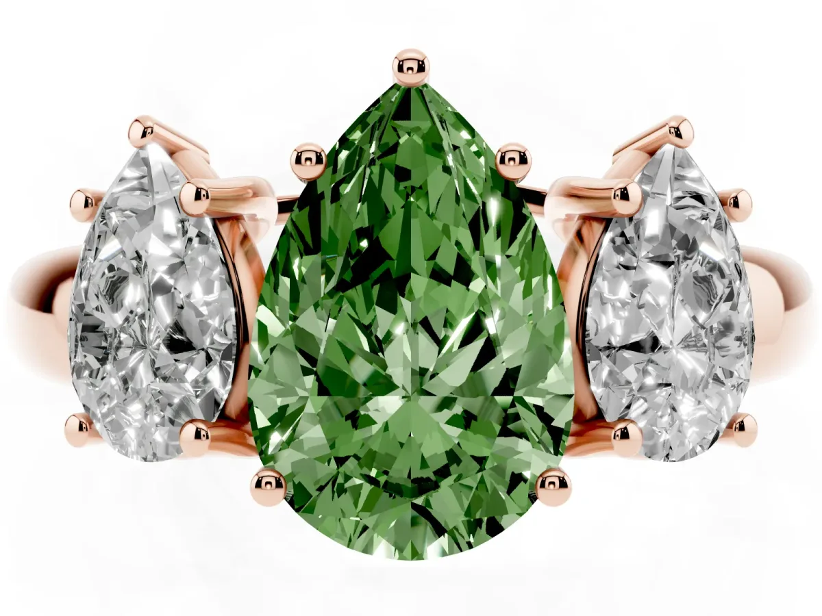 Fancy Green Three-Stone Pear Cut Diamond Engagement Ring with Prong Setting Rose gold