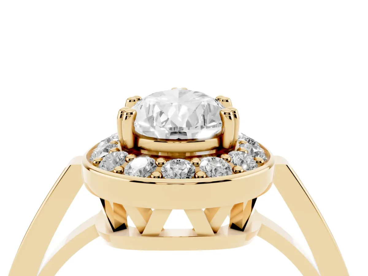 Pear Cut Diamond Halo Ring with Split Shank and Four-Prong Setting Yellow gold