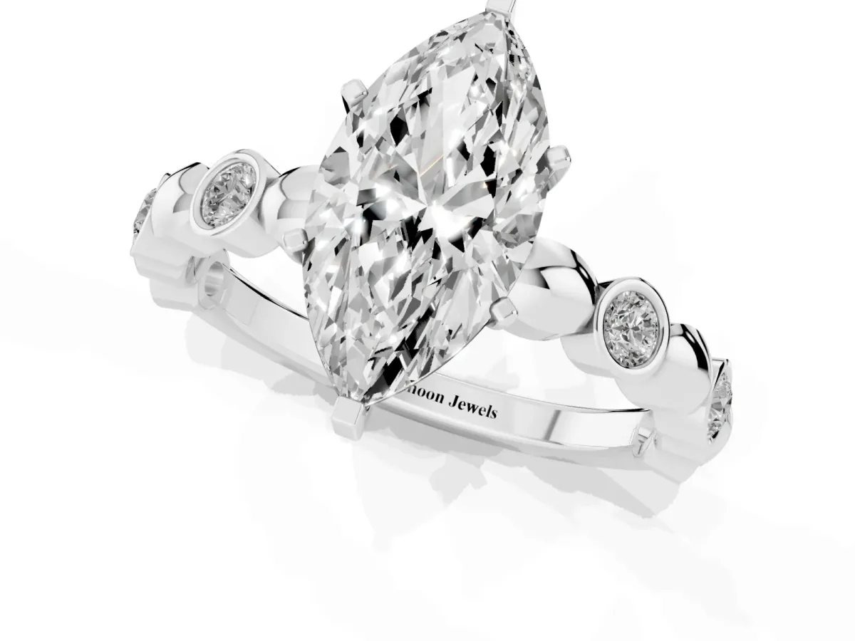 Marquise Cut Solitaire Bezel-Set Diamond Ring with Beaded Band and Four-Prong Setting Silver