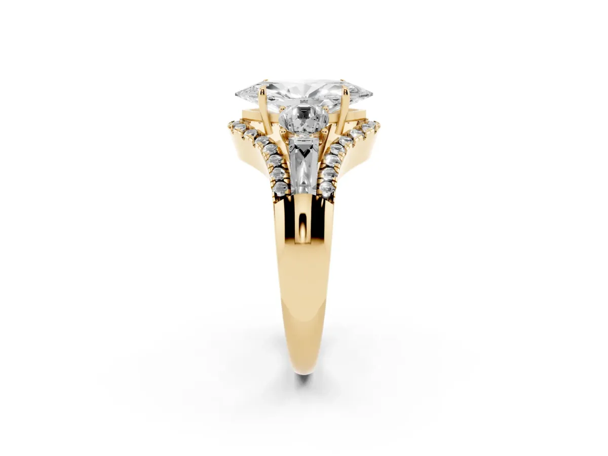 Three-Stone Marquise Cut Diamond Engagement Ring with Pave Band and Prong Setting Yellow gold
