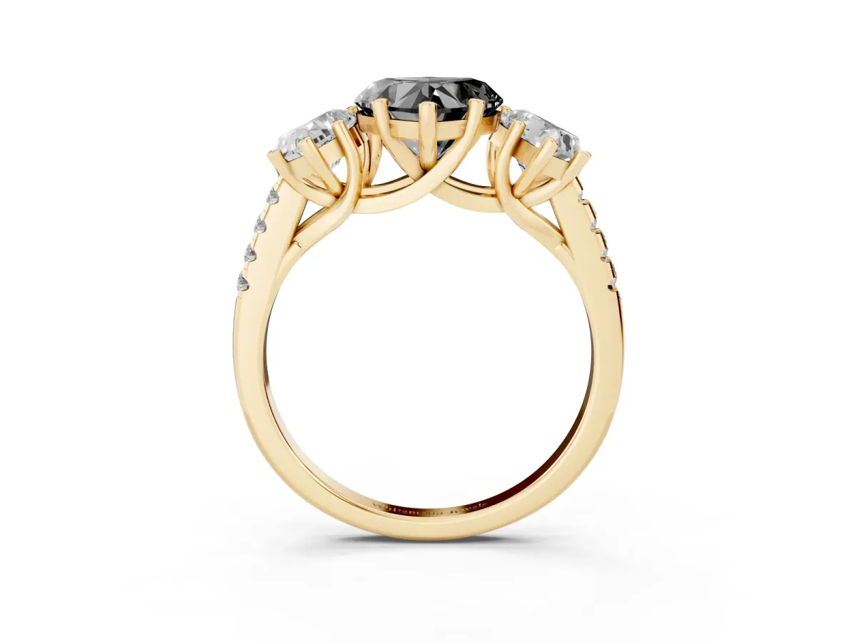 Fancy Black Three-Stone Heart Cut Diamond Ring with Round Pavé Band and Prong Setting Yellow gold