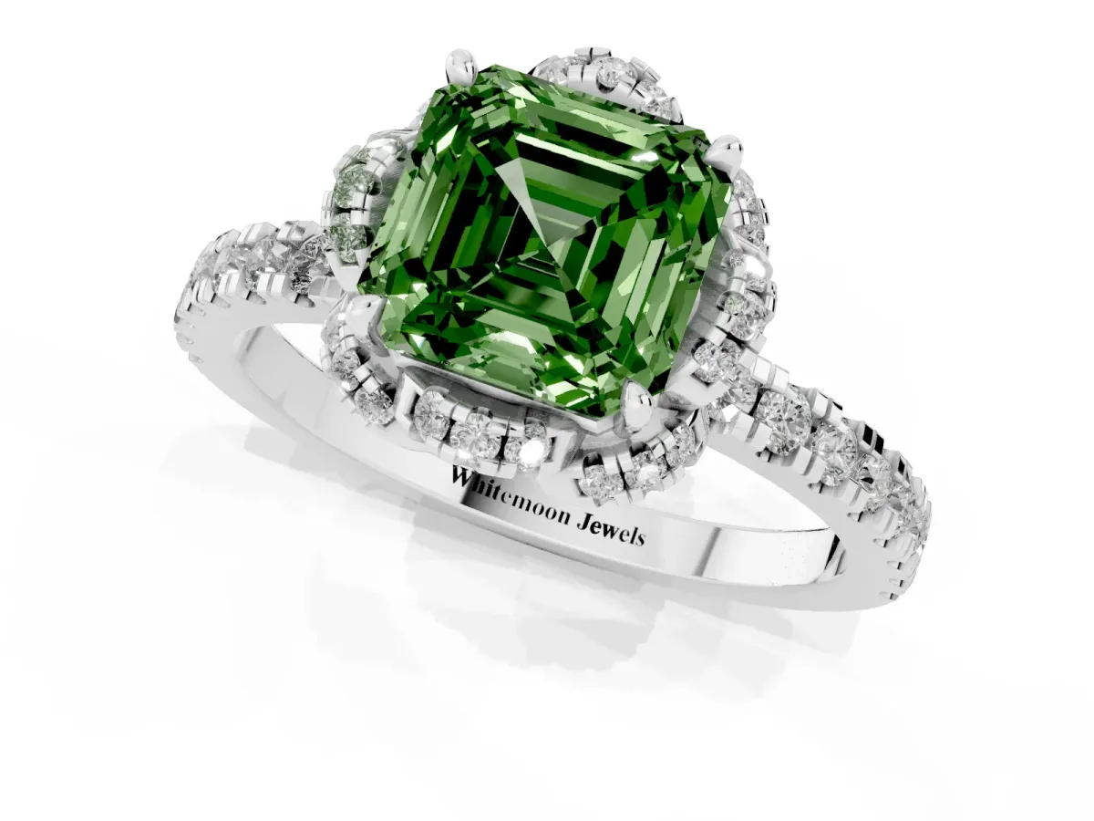 Fancy Green Asscher Cut Diamond Halo Pave Band with Four-Prong Setting Platinum