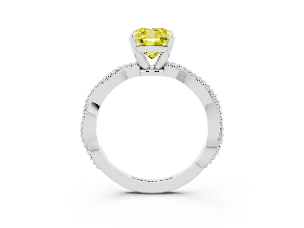 Fancy Yellow Cushion Cut Solitaire Twisted Band with Bead Prong Setting Platinum