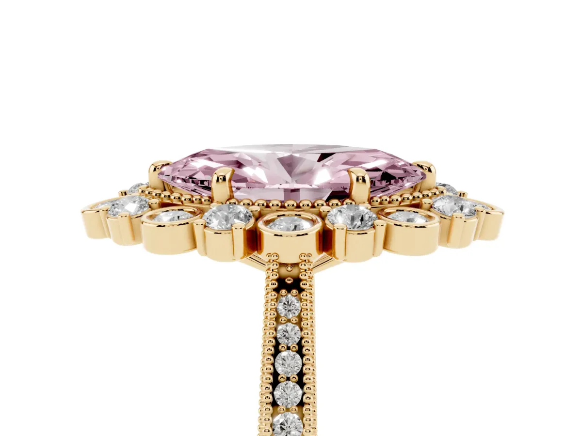 Fancy Pink Marquise Cut Halo Milgrain Pave Diamond Ring with Four-Prong Setting Yellow gold