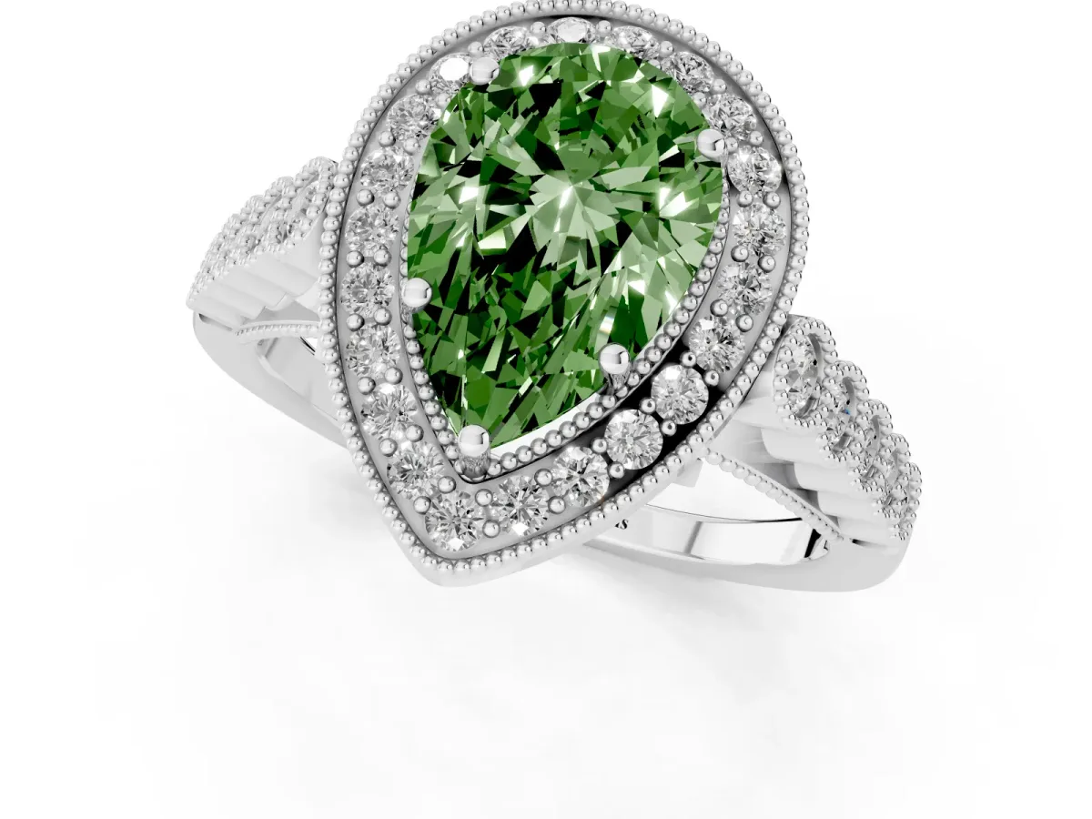 Fancy Green Pear Cut Halo Twist Band Solitaire Ring with Six-Prong Setting Silver