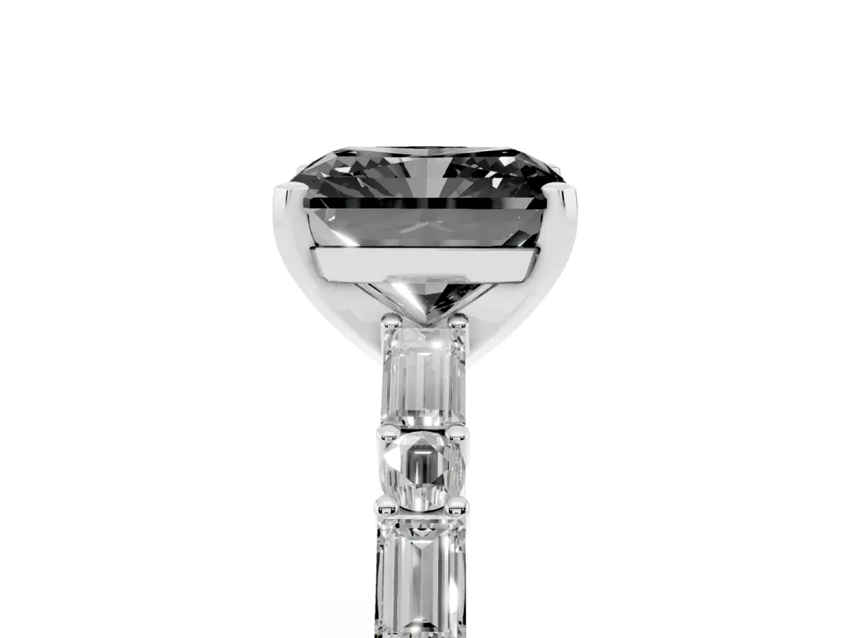 Fancy Black Radiant Cut Diamond Solitaire with Side Baguettes and Channel Set Band Silver