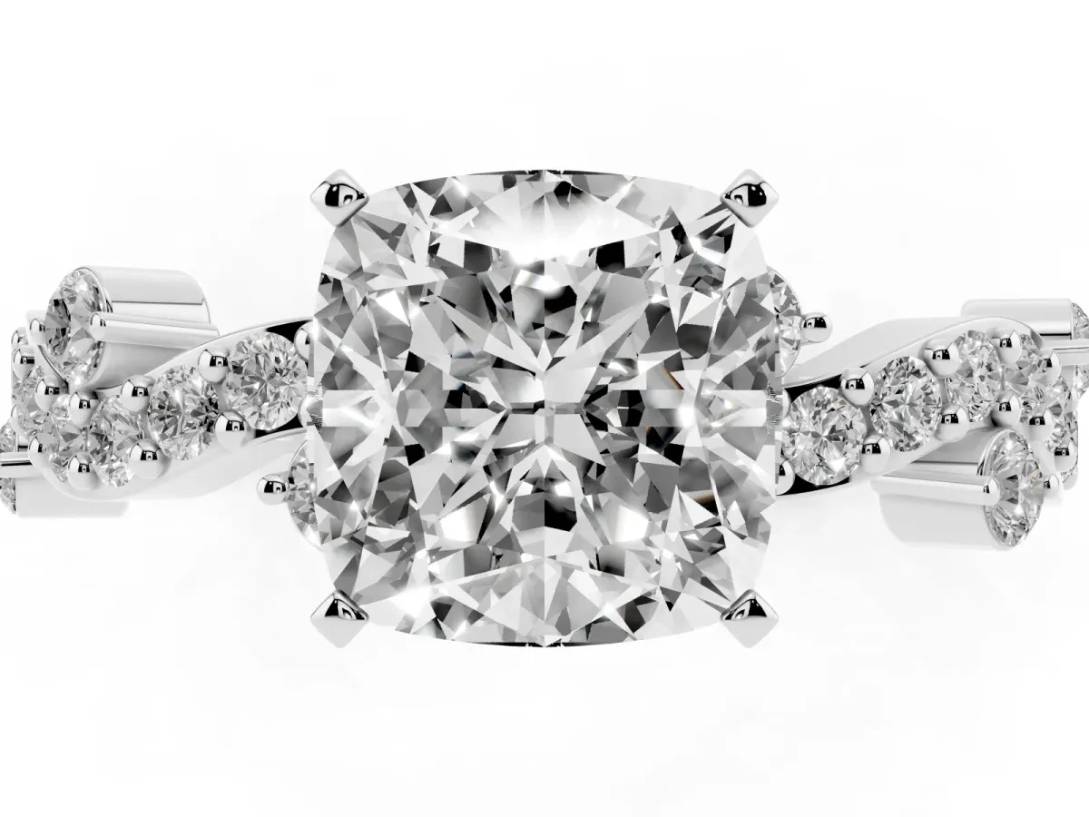 Cushion Cut Cut Solitaire Diamond Twisted Band with Pave Setting Platinum