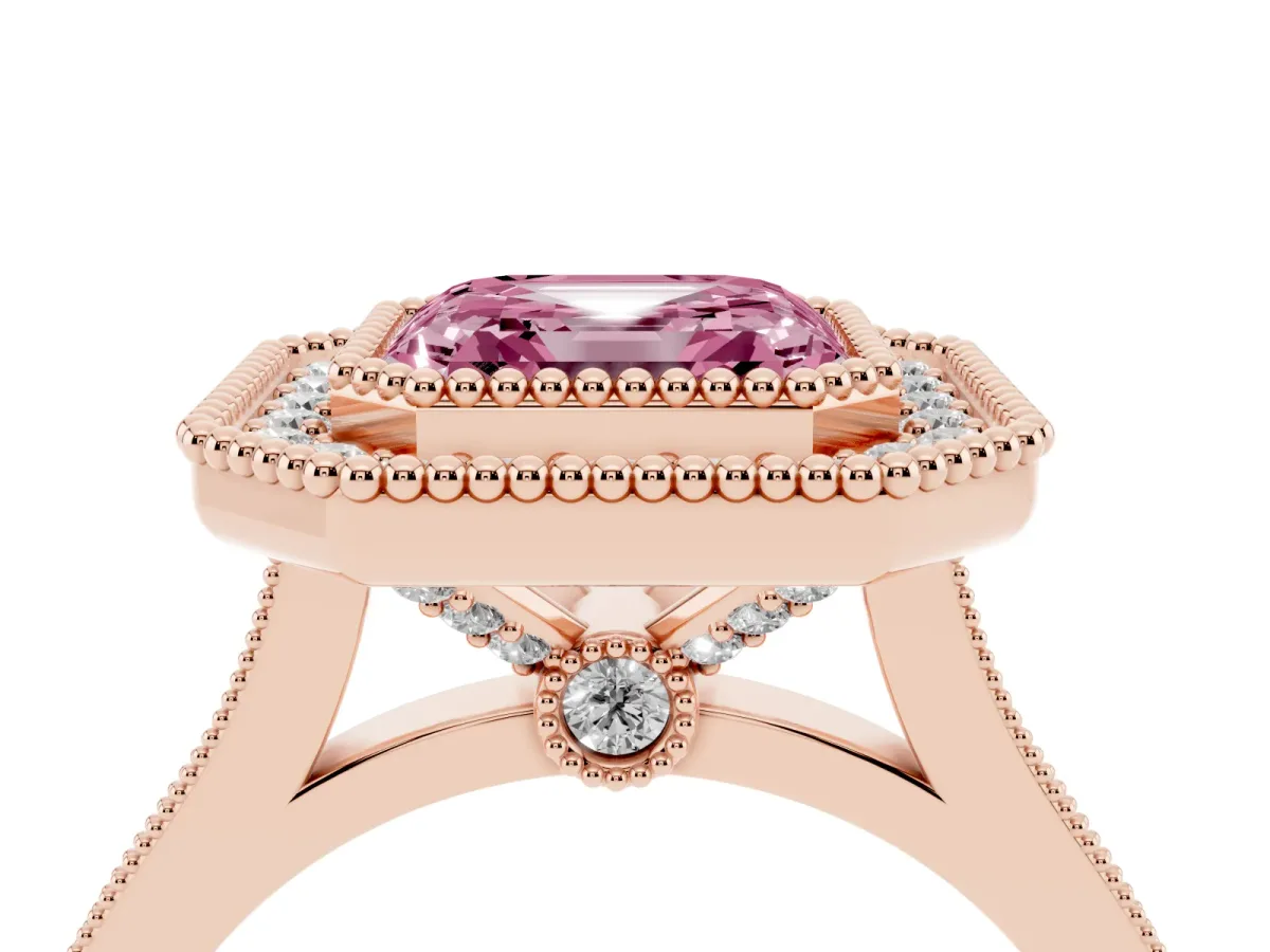 Fancy Pink Asscher Cut Diamond Halo Ring with Milgrain Frame and Pavé Band Rose gold