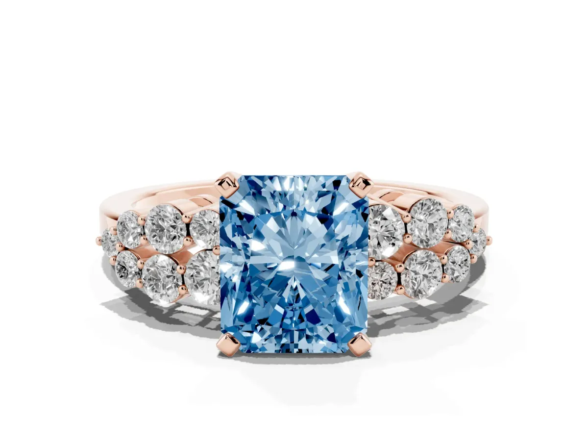 Fancy Blue Radiant Cut Cluster Diamond Engagement Ring with Pavé Band and Four-Prong Setting Rose gold