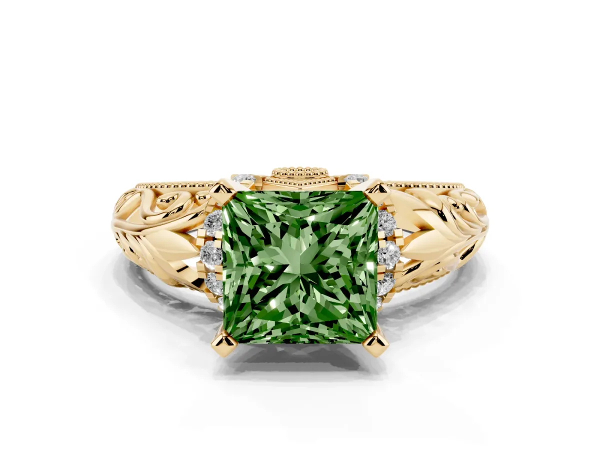 Fancy Green Princess Cut Solitaire Filigree Engagement Ring with Halo and Prong Setting Yellow gold