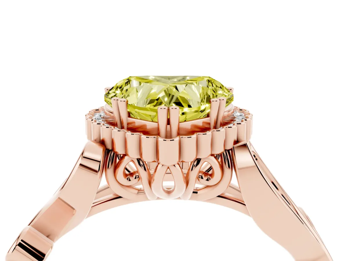 Fancy Yellow Heart Cut Diamond Halo Ring with Vintage Split Shank and Four-Prong Setting Rose gold