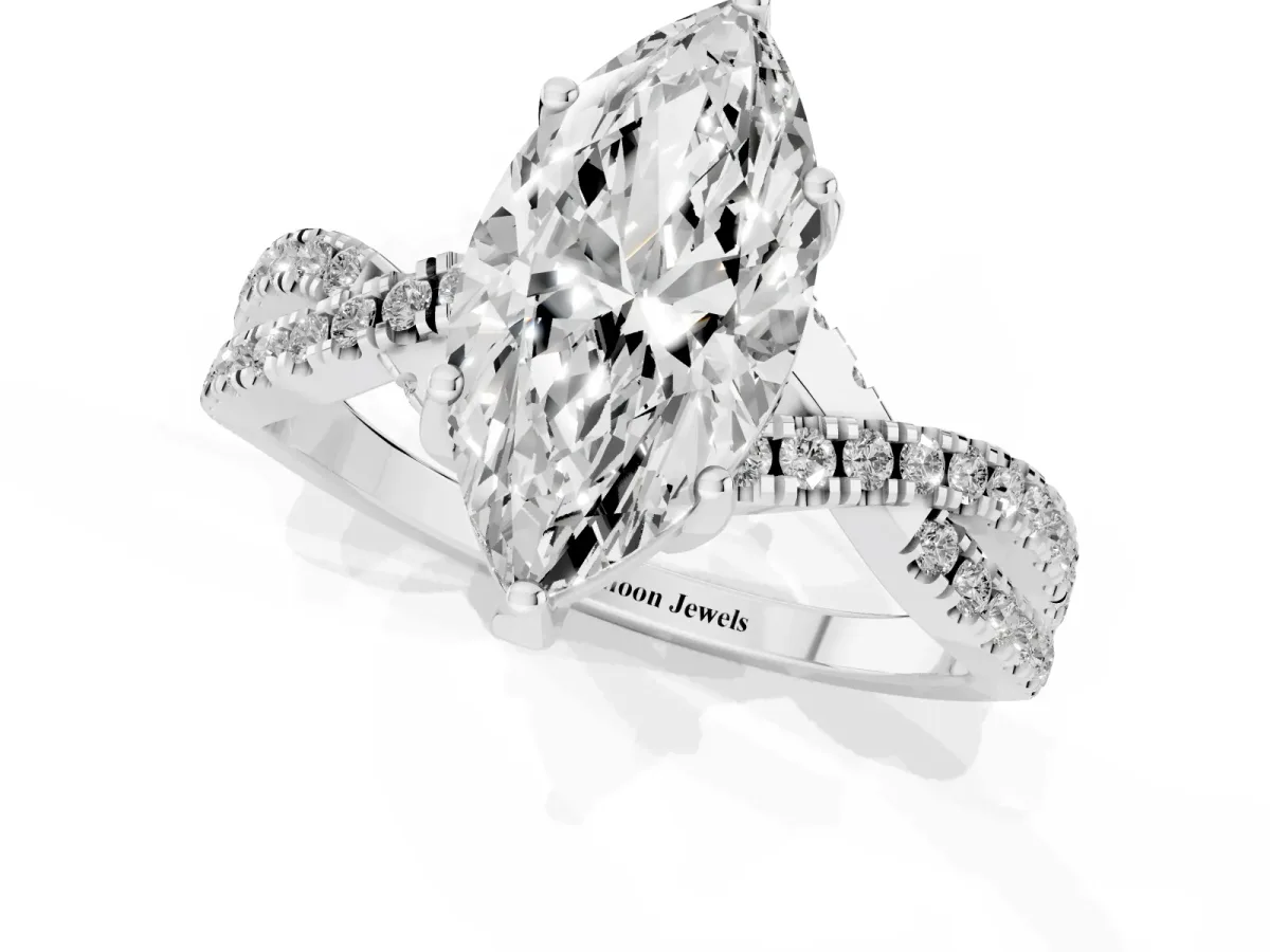 Marquise Cut Solitaire Twist Pave Diamond Engagement Ring with Prong Setting Silver