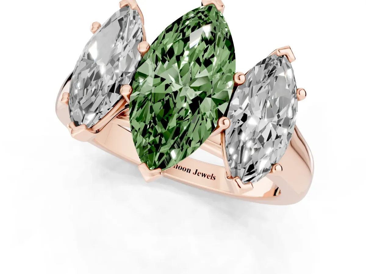 Fancy Green Marquise Cut Three-Stone Diamond Ring with Prong Setting on a Classic Band Rose gold