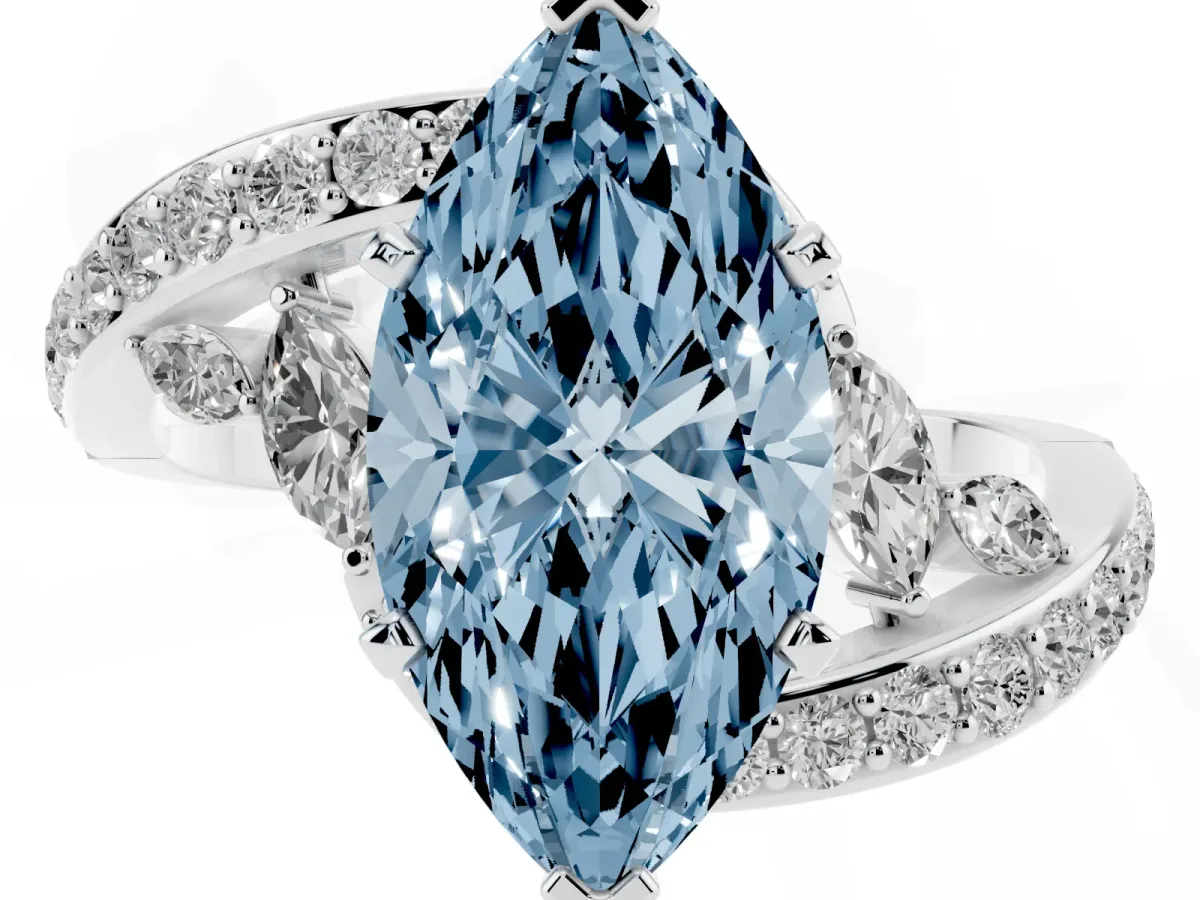 Fancy Blue Marquise Cut Solitaire with Pavé Twist Band and Four-Prong Setting Platinum