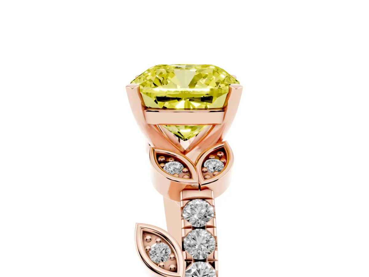 Fancy Yellow Cushion Cut Solitaire Leaf-Inspired Diamond Ring with Pavé Band and Four-Prong Setting Rose gold