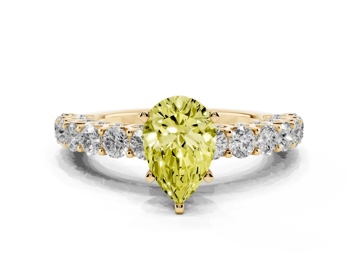 Fancy Yellow Pear Cut Diamond Solitaire Ring with Shared Prong Pavé Band and Four-Prong Setting Yellow gold