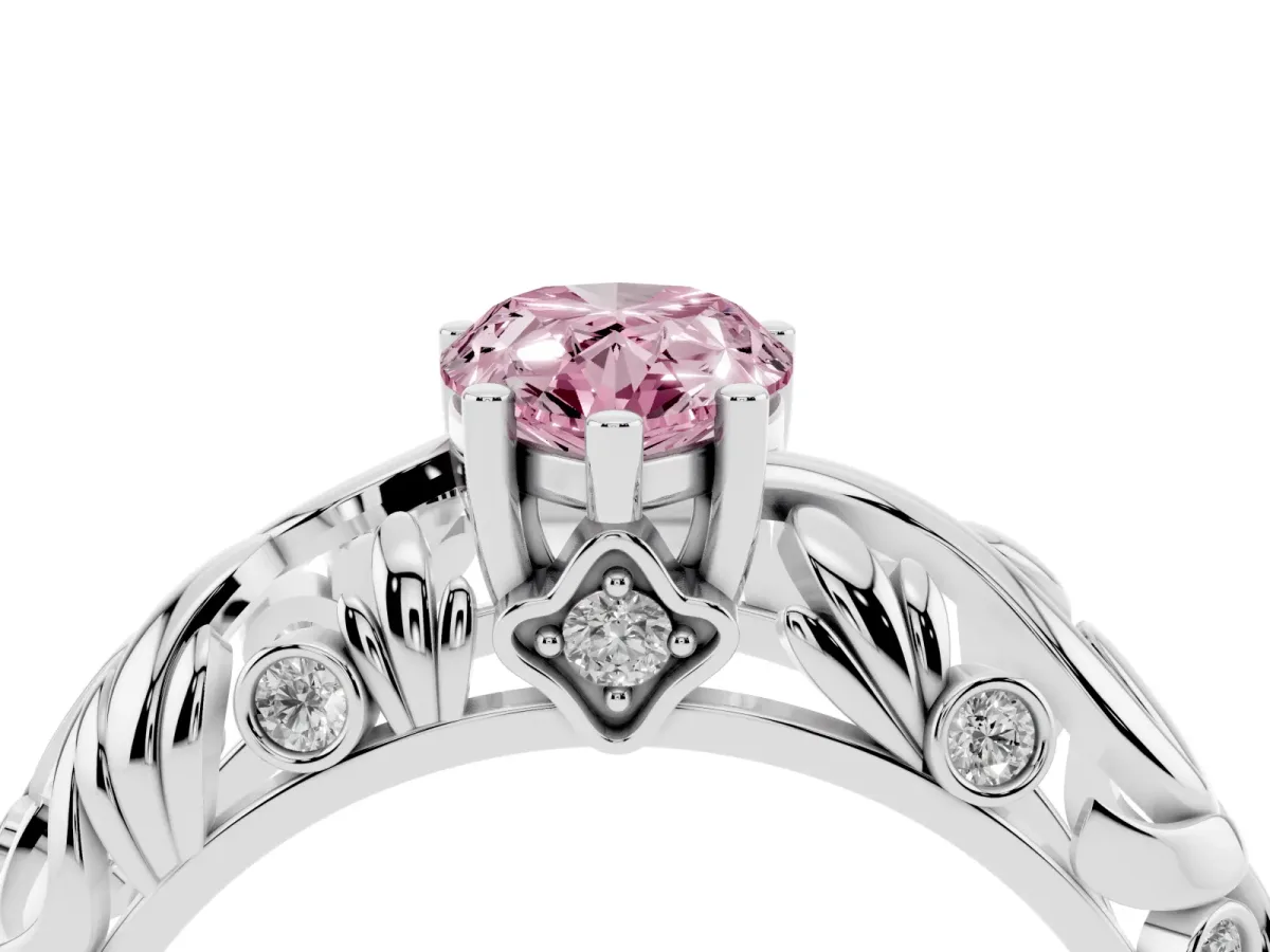 Fancy Pink Pear Cut Solitaire Diamond Leaf-Inspired Vine Band Ring with Prong Setting Silver