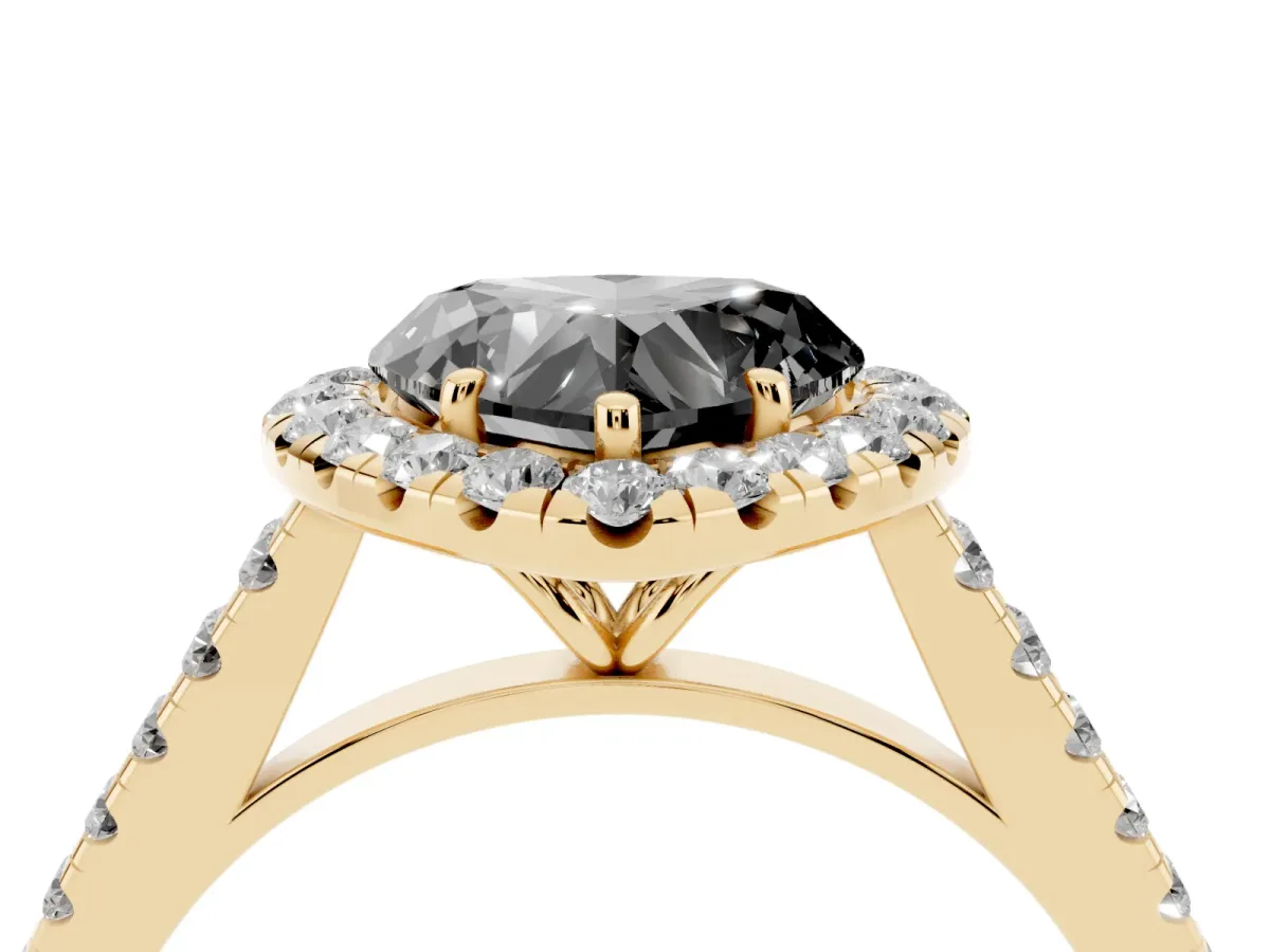 Fancy Black Heart Cut Halo Pave Diamond Engagement Ring with Four-Prong Setting Yellow gold