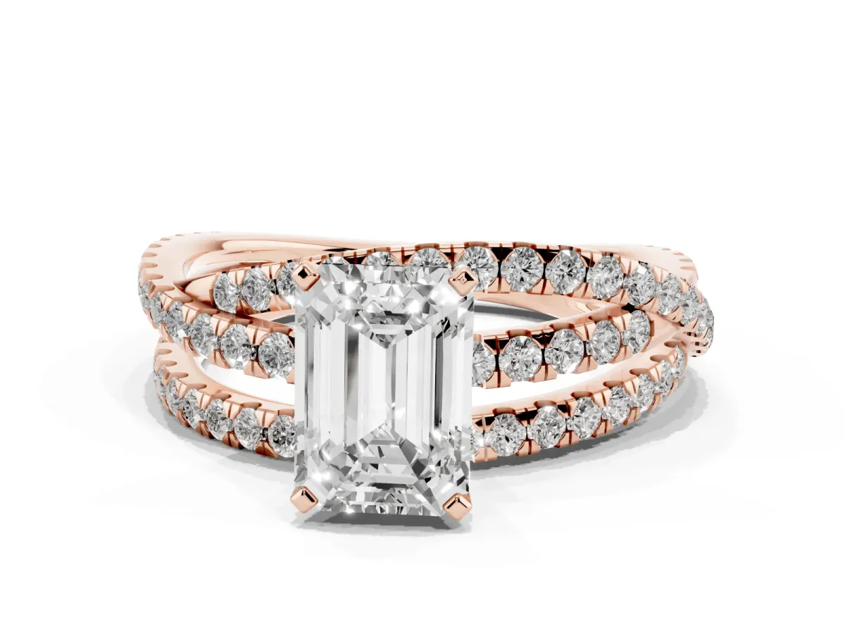 Emerald Cut Solitaire Twist Band with Pavé Setting and Four-Prong Setting Rose gold