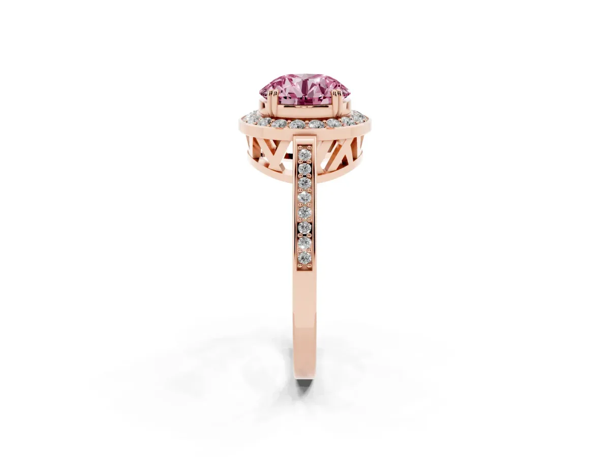 Fancy Pink Round Cut Diamond Halo Ring with Split Shank and Four-Prong Setting Rose gold