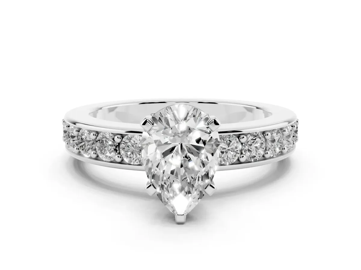 Pear Cut Diamond Engagement Ring with Channel Set Round Band and Prong Setting Silver