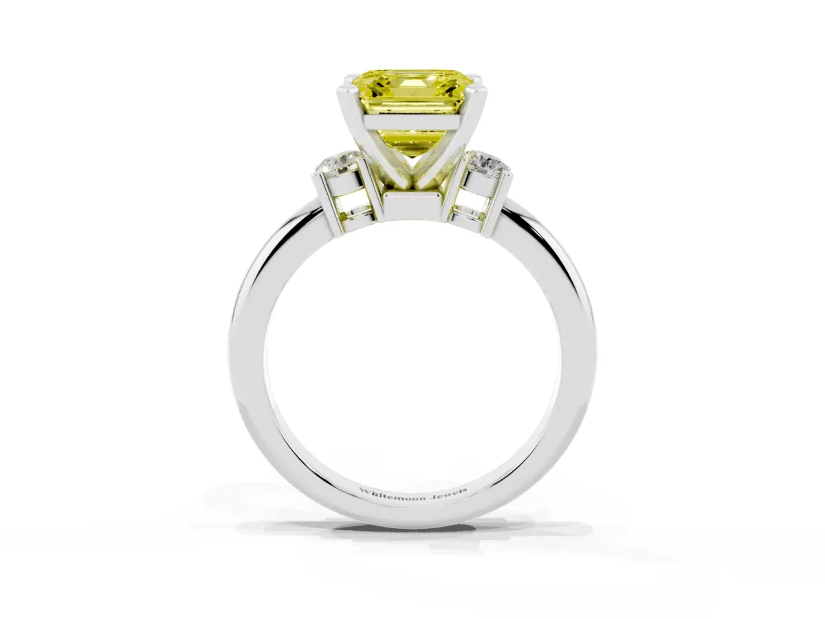 Fancy Yellow Three-Stone Asscher Cut Cut Diamond Solitaire with Prong Setting and Classic Band Silver