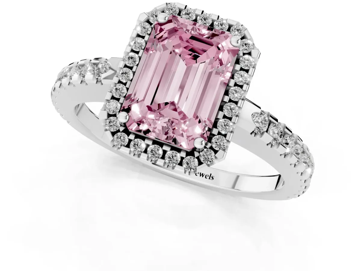 Fancy Pink Emerald Cut Diamond Halo Engagement Ring with Pavé Band and Prong Setting Platinum