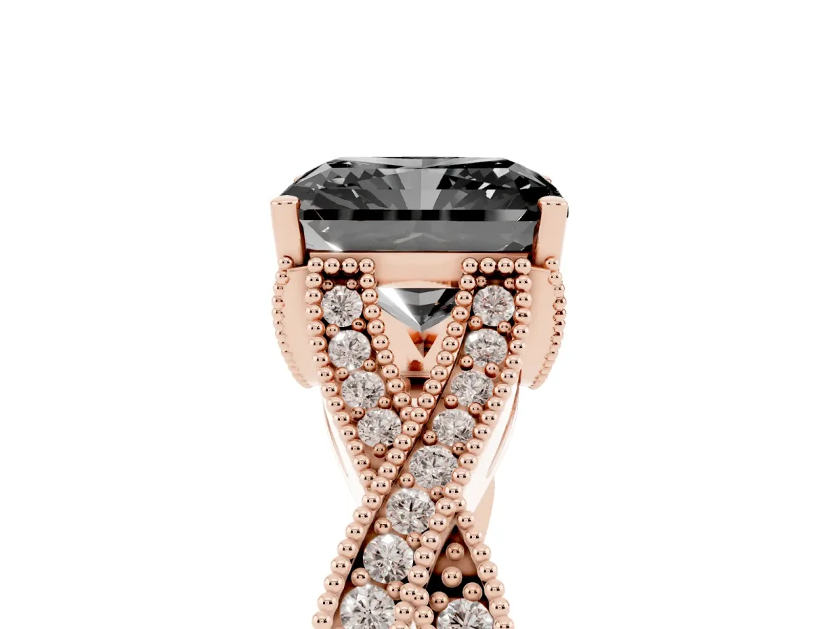Fancy Black Radiant Cut Cut Diamond Twisted Band with Milgrain Pave Setting and Four-Prong Setting Rose gold