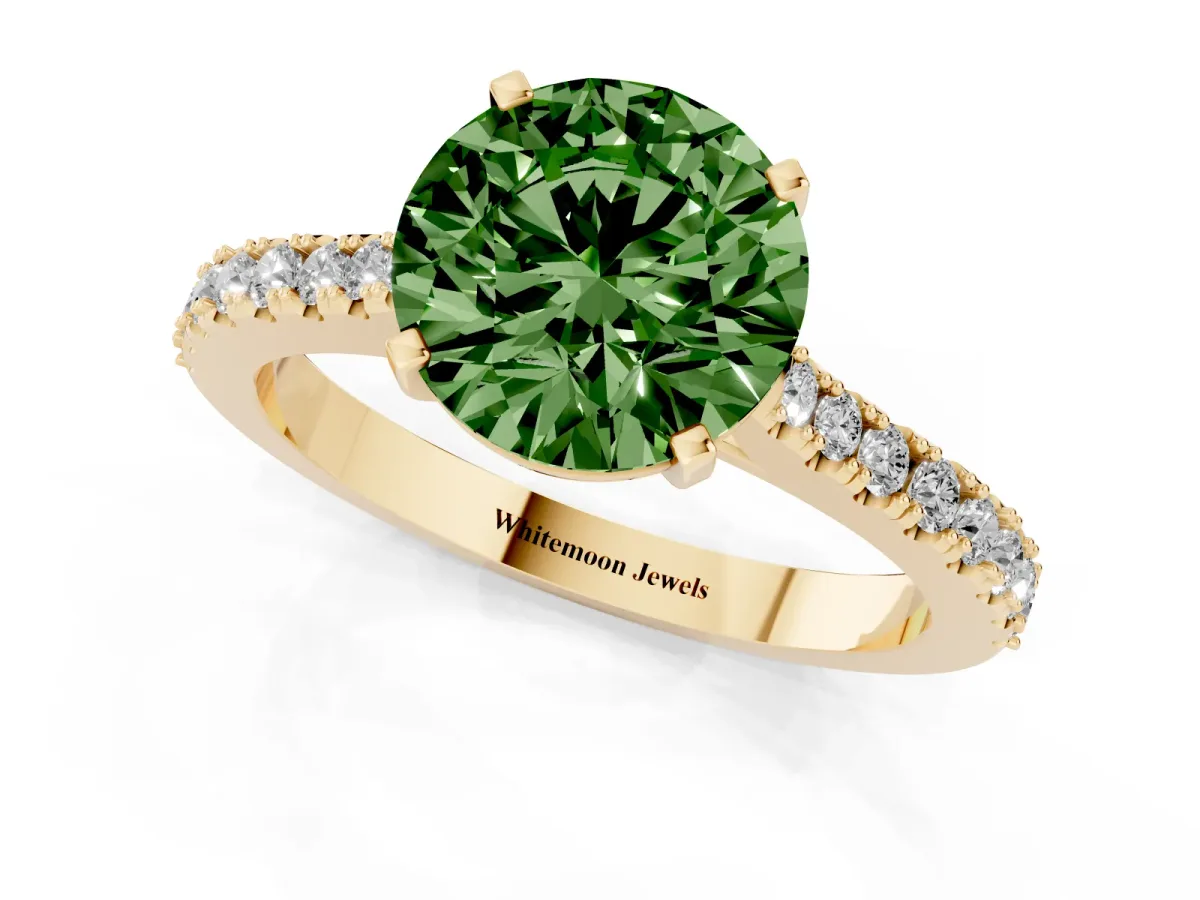 Fancy Green Round Cut Cut Solitaire Diamond Engagement Ring with Pave Band and Four-Prong Setting Yellow gold