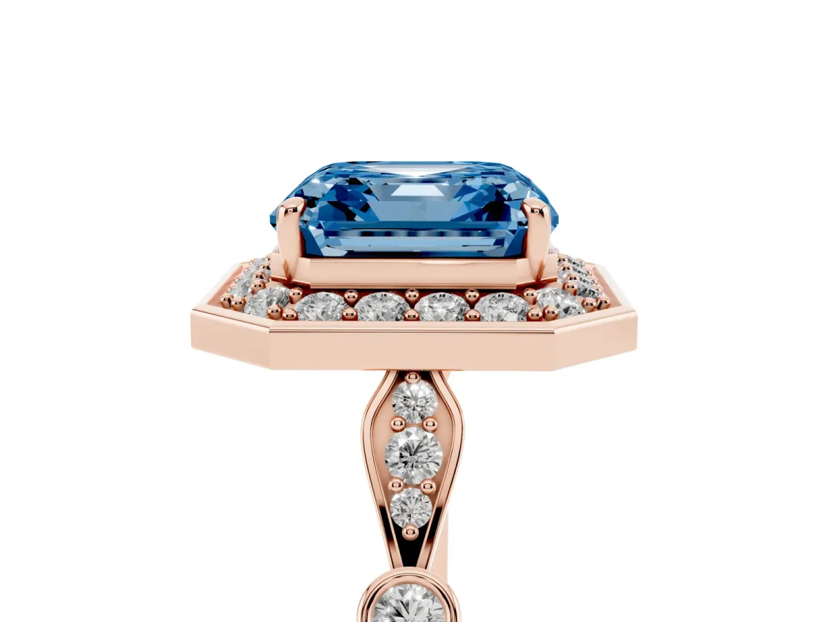 Fancy Blue Asscher Cut Halo Diamond Engagement Ring with Twisted Band and Four-Prong Setting Rose gold