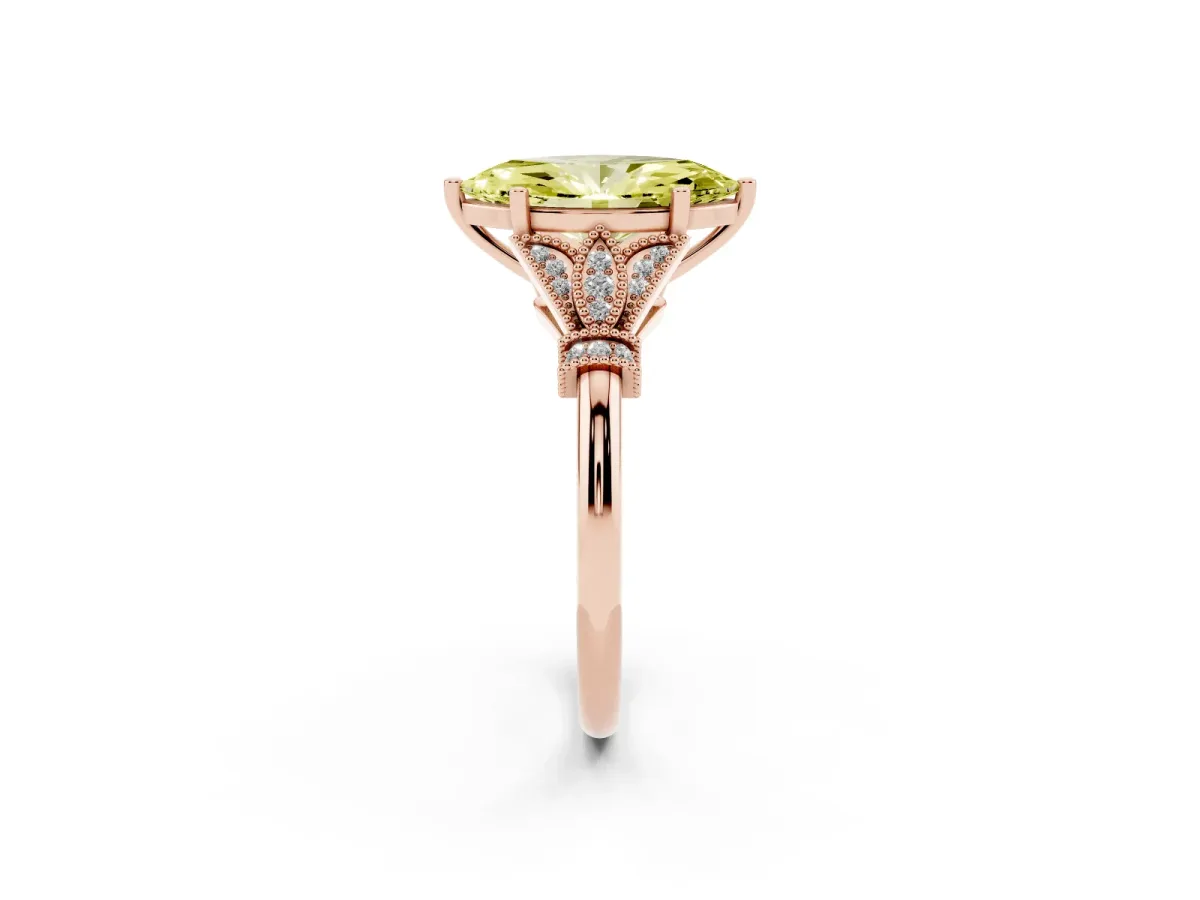 Fancy Yellow Marquise Cut Diamond Solitaire Ring with Floral Filigree and Pave Accents Rose gold