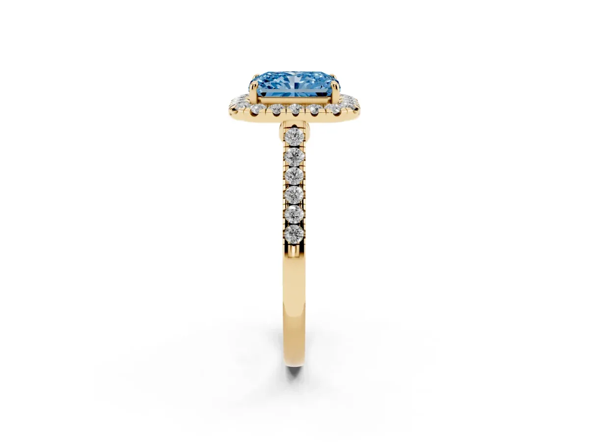 Fancy Blue Radiant Cut Halo Pave Diamond Engagement Ring with Four-Prong Setting Yellow gold
