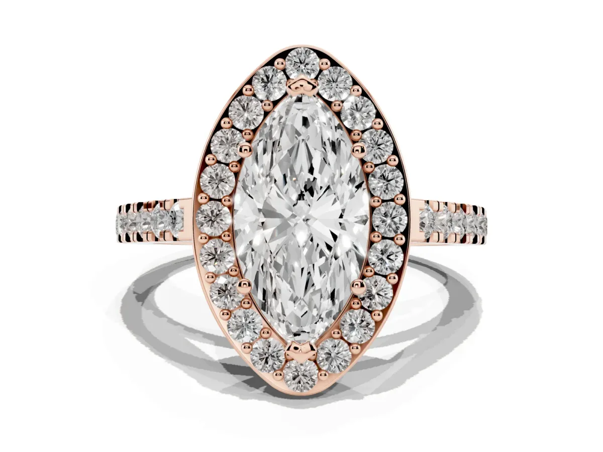 Marquise Cut Diamond Halo Ring with Round Pavé Split Shank and Prong Setting Rose gold