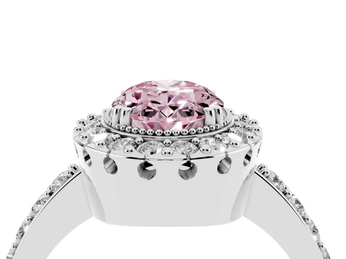 Fancy Pink Oval Cut Diamond Halo Ring with Pavé Band and Prong Setting Silver