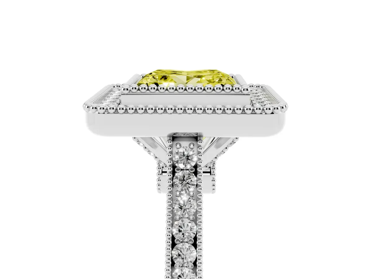Fancy Yellow Princess Cut Diamond Halo Ring with Milgrain Frame and Pavé Band White gold