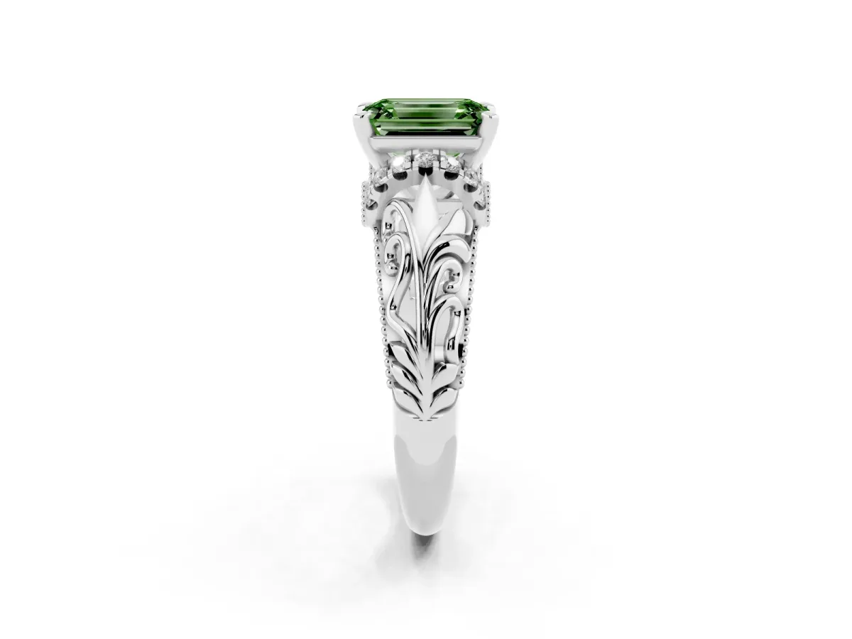 Fancy Green Emerald Cut Solitaire Filigree Engagement Ring with Halo and Prong Setting Platinum