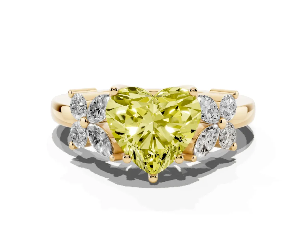 Fancy Yellow Heart Cut Diamond Floral Cluster Ring with Solitaire Band and Prong Setting Yellow gold