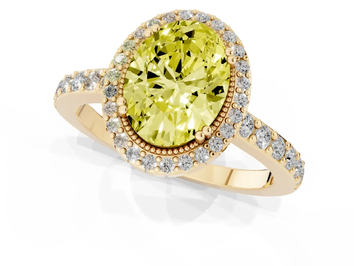 Fancy Yellow Oval Cut Cut Diamond Halo Engagement Ring with Milgrain Detail and Pavé Band Yellow gold