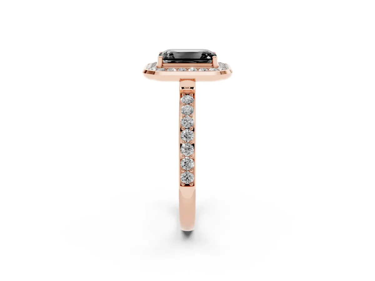 Fancy Black Emerald Cut Diamond Halo Ring with Bezel Frame and Pavé Band Rose gold
