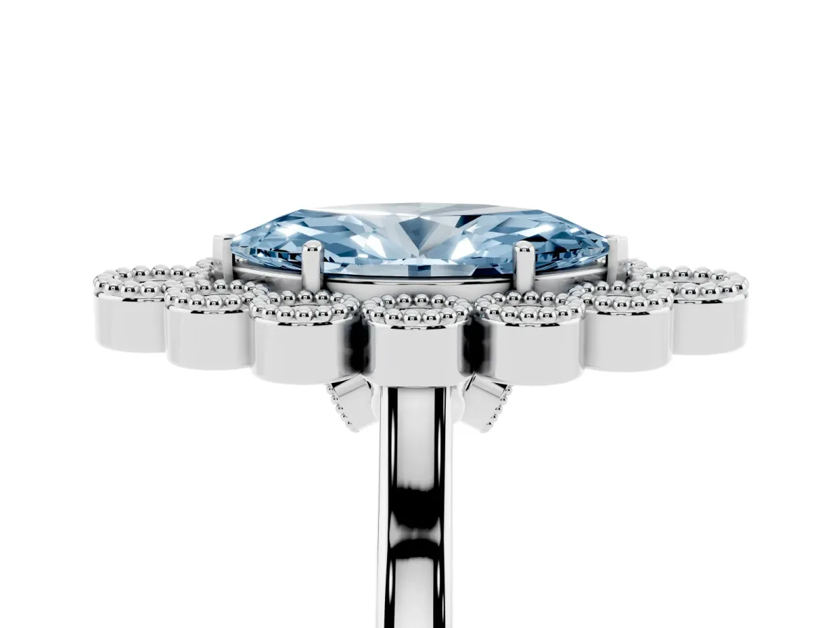 Fancy Blue Marquise Cut Halo Diamond Cluster Engagement Ring with Milgrain Bezel Setting and Solitaire Band Silver