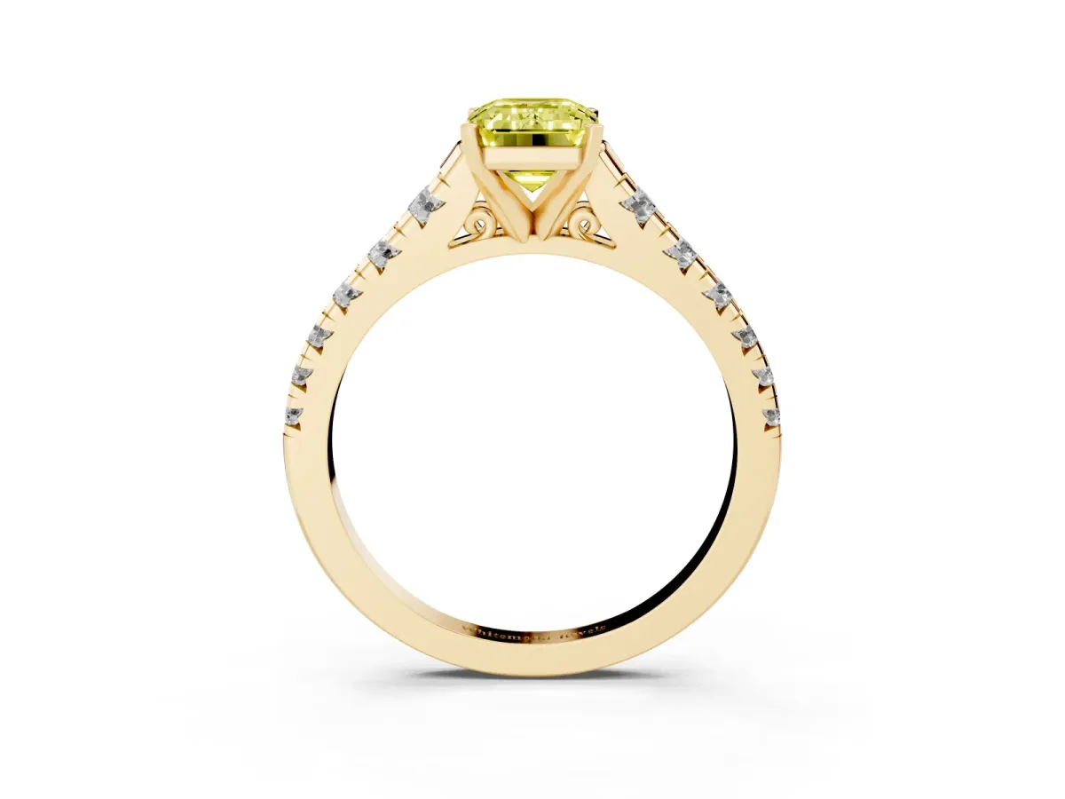 Fancy Yellow Emerald Cut Diamond Cathedral Solitaire Ring with Round Pavé Band Yellow gold